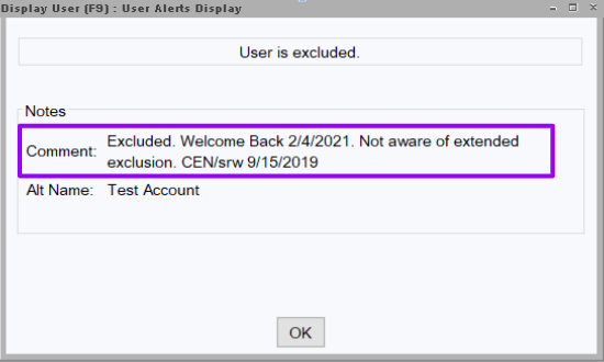 User Display for Excluded Patron