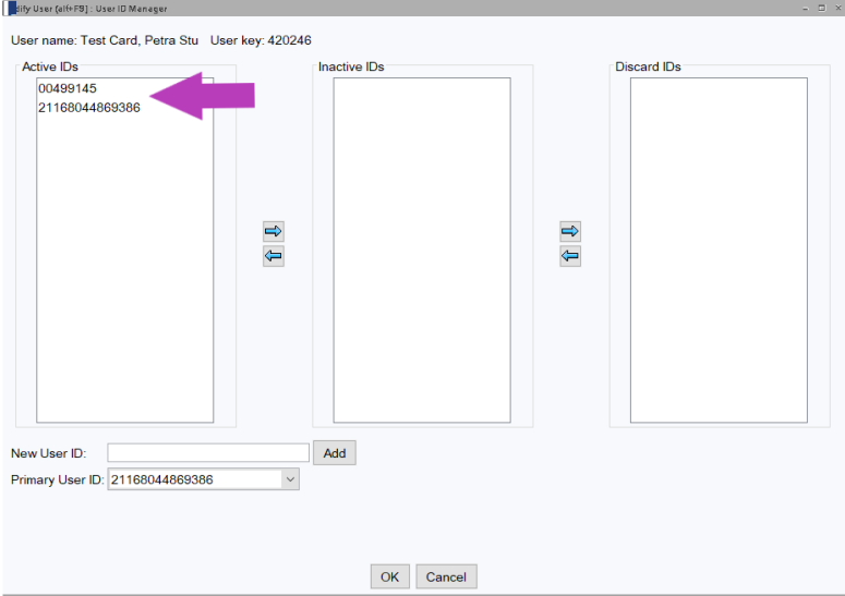 Arrow is pointing to 2 user IDs in the active field