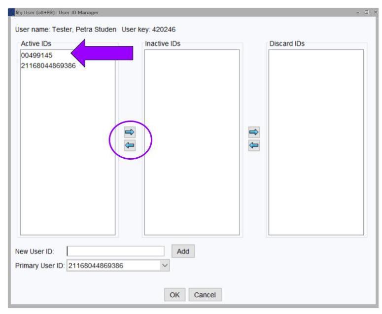 Arrow pointing to ID number to make inactive