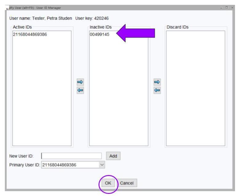 Arrow points to ID number in inactive field. OK button is circled