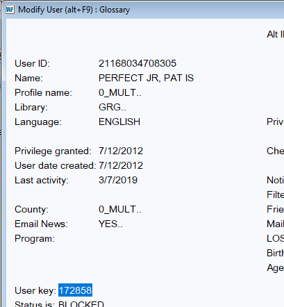 Screenshot of modify user glassary