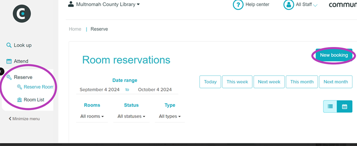 Screenshot shows how to make a reservation from the staff side of Communico Reserve