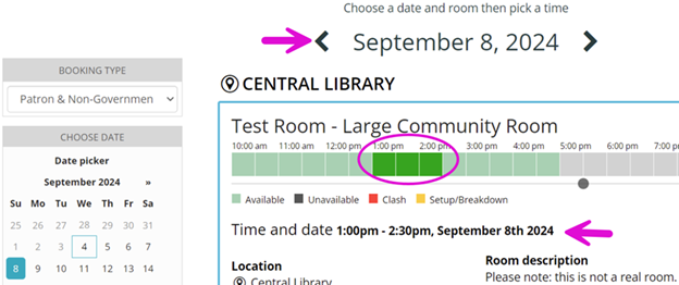 how to select the date and time when making a meeting room reservation