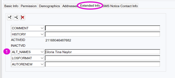 Screenshot showing the Extended Info tab and how to add a name to a patron account