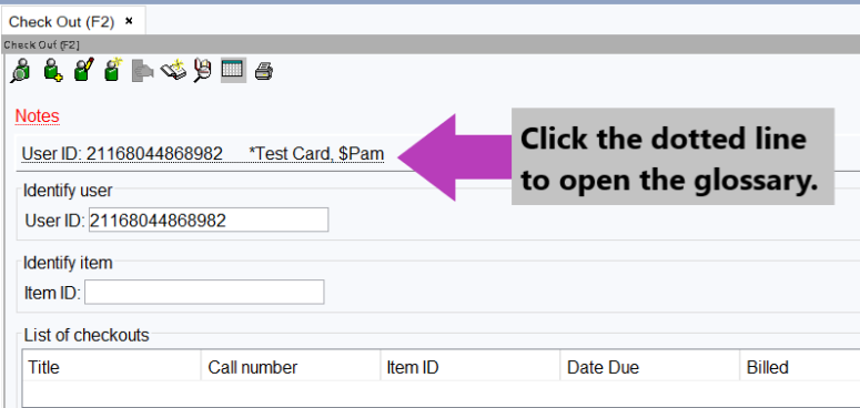 Screenshot of where to click to open the glossary in the patron record.