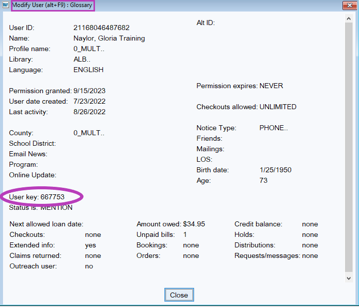Screenshot of the Modify User Wizard and where to find the User Key.