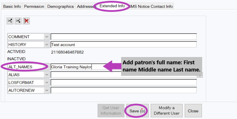 Screenshot of the extended info tab showing how to add and ALT_NAME