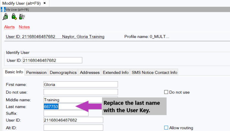 Screenshot of the User Key as the Patron's last name.