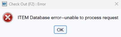 screenshot of Item database error unable to process request