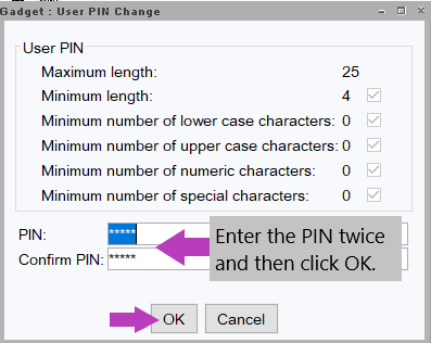 Gadget user pin change window