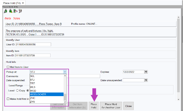 Screenshot of how to place holds for lockers