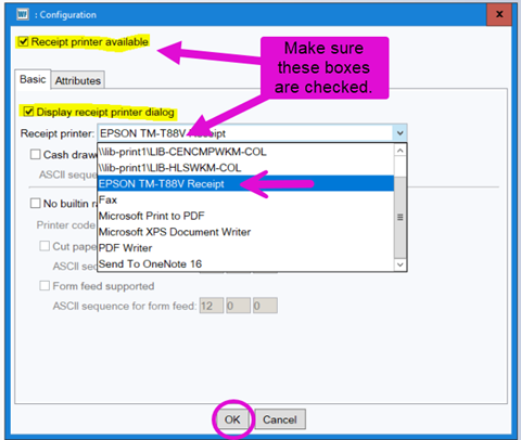 Screenshot of how to set up receipt printer