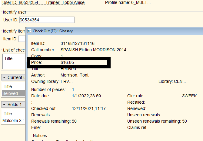 Screenshot showing where to find the price of an item.