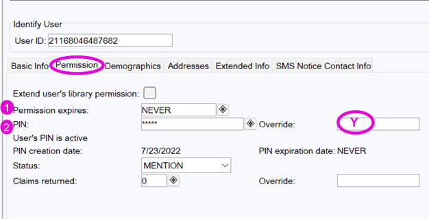 Screenshot of the Permissions tab when creating a patron account.