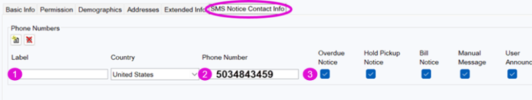 Screenshot of SMS Notice Contact Info tab while creating a new patron account.