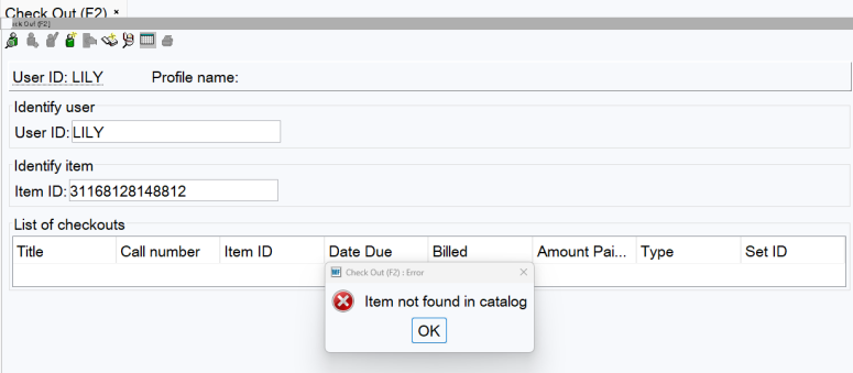 Item not found in catalog error message
