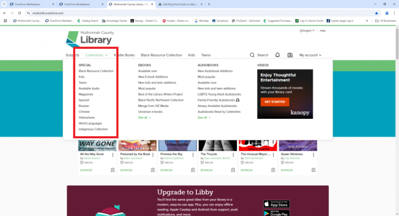 Collections dropdown on the OverDrive website