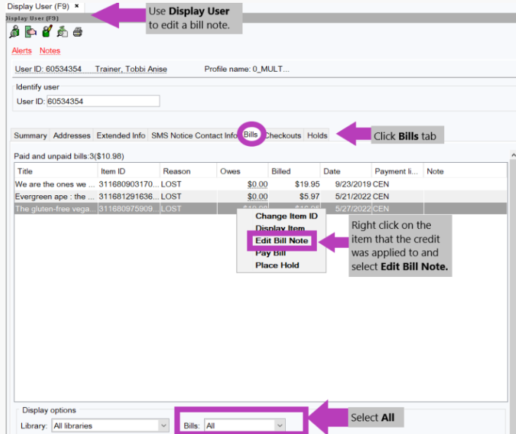 Screenshot of how to document using a bill note
