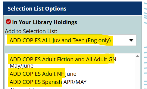 Selection list options