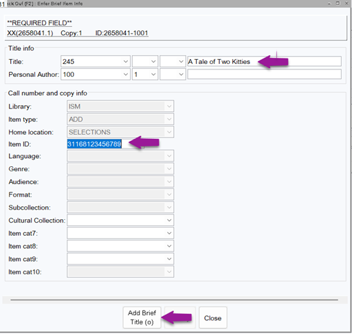 Add Brief Title pop up box