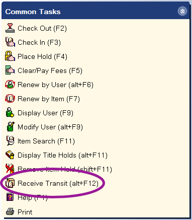 Receive transit wizard in Common Tasks menu