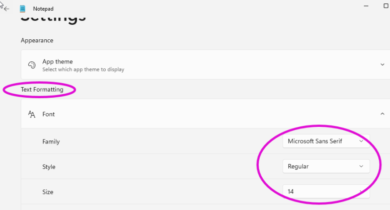 screenshot of notepad changing font