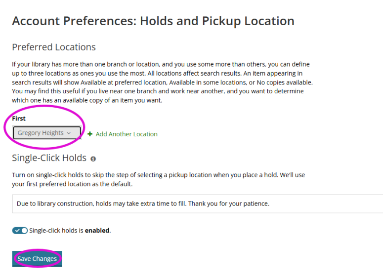 Screenshot of My MCL preferred hold location