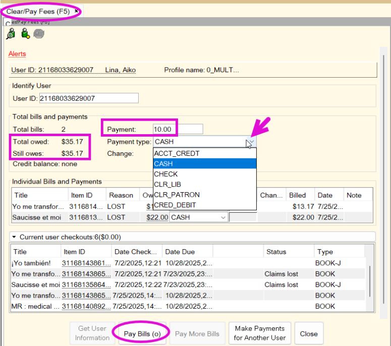 Screenshot of Clear/Pay Fees