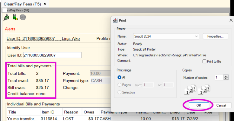 Screenshot of Clear/Pay Fees print receipt