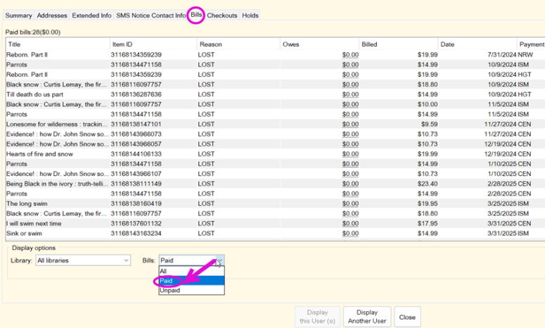 Screenshot of Display User Bills tab