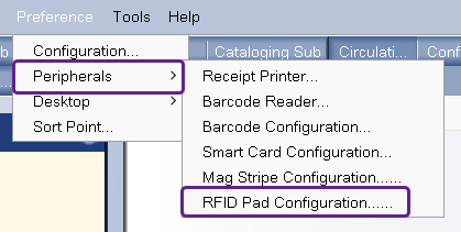 An image of the menu options to get to the RFID pad configuration pop-up.