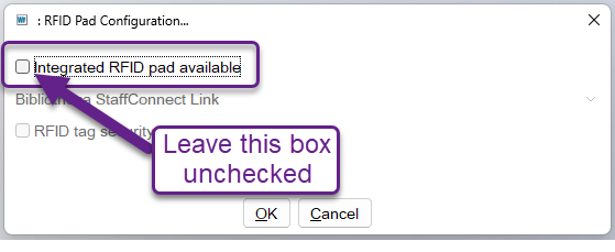 An image of the correct options for RFID pad configuration if you are using Symphony without an RFID pad..