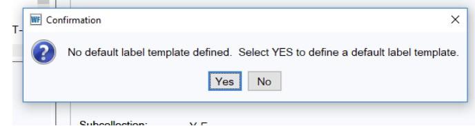 pop up showing default label template information
