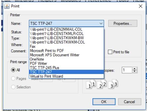 pulldown menu of Printers in symphony