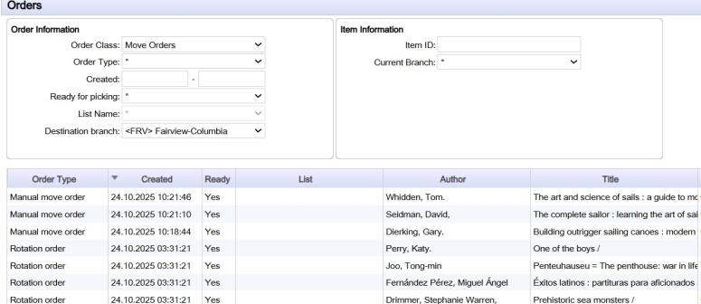 image of the move orders report after items have been selected.