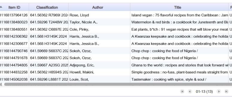 list of titles that fit criteria of cookbooks in the BRC collection from the last 12 months