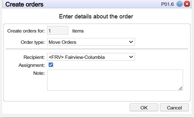 pop up showing create order details