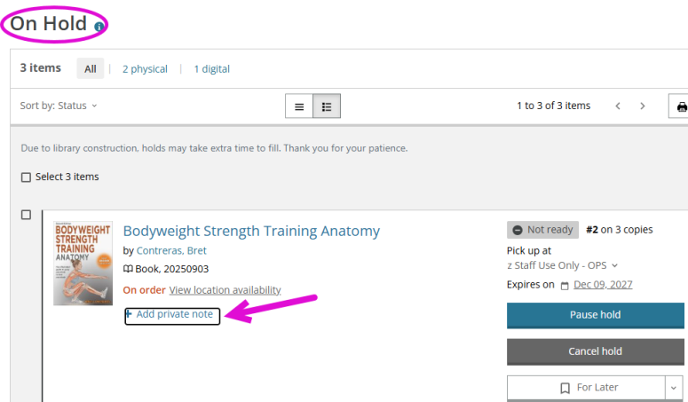 Screenshot of private hold note on My MCL.