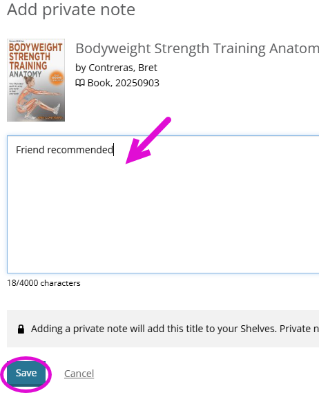 Screenshot of how to add private hold note.