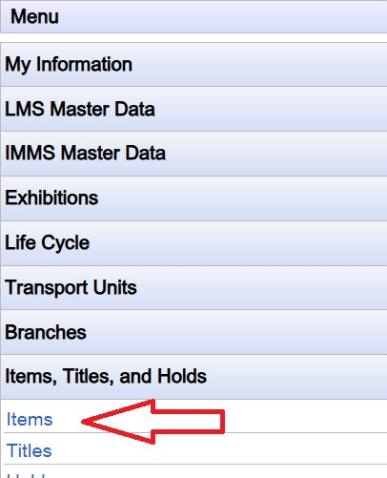 screenshot of the IMMS menu page showing the "Items, titles and holds" tab